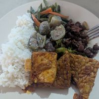 All this cost about 30k, however most of it cold/just warm. Spicy tofu and tempe in picture. at Warung Rezeki in 