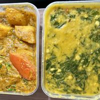 Bombay potatoes (left) and Hariyali Dal (right)  at The Thali Thal in North London