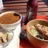Red lentil, coconut soup. Rawsagne. Cold pressed juice. at Cafe by Tao in North Vancouver