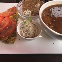 Chickpea quiche, dill nut cheese, lentil soup at Cafe by Tao in North Vancouver