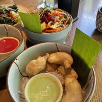 Vegan shrimp with avocado cream; monk's bowl in the background   at Zen Chay in Cologne