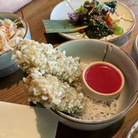 Silken tofy sticks in green rice flakes, with raspberry and chilli dipping sauce  at Zen Chay in Cologne
