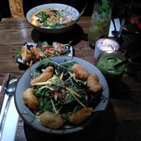 Golden soup, white pearls, peanut cream with mint lemonade, green dream at Zen Chay in Cologne