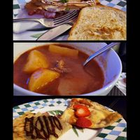 Non-Chicken crepes, Goulash (with plant-based beef), Strawberry Jam Sour Cream (dairy-free) crepes, & Chocolate Banana crepes (vegan hazelnut spread) at Lana's Kitchen in Toronto