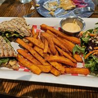 Amazing vegan sandwich, sweet potato fries, side salad at Greens & Lemons in Mcallen