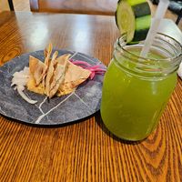 Hummus plate, cucumber lemonade at Greens & Lemons in Mcallen