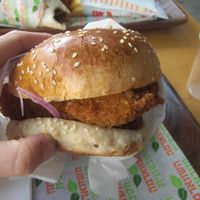 The new "fish" burger  at HaShwarma HaTivonit - The Vegan Shwarma in Tel Aviv