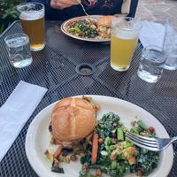 The vegan lobster roll (far side) and the pesto sandwich (close) with chickpea tofu kale salads (both)    at J.E.S. (Just Eat Some) - Pop-Up in Sebastopol