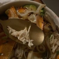 Chicken on the “vegan” ramen  at TOMIZEN Ramen Bar in Tulum
