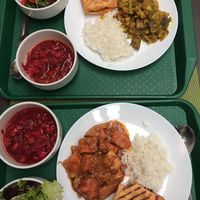 rice, curry, cabbage soup, hummus wrap and salad
 at Veggie in Bratislava