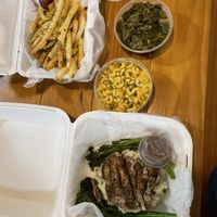 Seared lions mane, garlic mashed potatoes + fries + Mac + collard greens  at Garden of Soul in Bedford