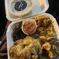 Soul plate  Entree includes our southern smoked collard greens, one of a kind macaroni and cheese recipe, fried oyster mushrooms and sweet potato cornbread  at Garden of Soul in Bedford