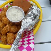 Vegan burger and corn dog with tots  at Speed-o Cappuccino in Portland