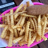 Corn dog with crinkle fries at Speed-o Cappuccino in Portland