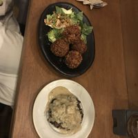 Beetroot and potato croquettes with side salad and creamy sauce  at Abandoned Sandwich - 언덕 UNDUCK in Seoul