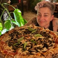 Vegan margarita pizza with mushrooms   at Pizzeria Manglar in Tulum