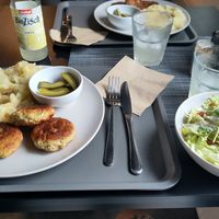 Food of the day, zucchini fritters with mashed potatoes and gurkins and a side salad. at Bistro 269 in Vystrkov