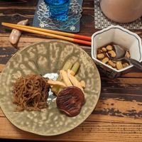 Konjac noodles with mushroom and soybean type soup at Higoro in Tokyo