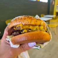 O.G. BETR ($12) - 2 impossible patties, cheddar, lettuce & tomato, grilled onions, pickles, and Jerrell’s special sauce + bacon ($2) at Jerrell's Betr Brgr in Hoboken