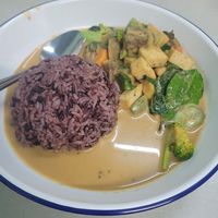 Red curry with tofu and vegetables. Asked for vegan with a vegan translation card. They understood. at J-Yai Restaurant Organic Vegetables in Chiang Mai