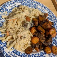 Dish of the day. Spätzle with Parmesan and baked carrots and mushrooms at La Bouture in Strasbourg