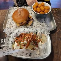 Sloppy-Faux Burger, Tots, and Lettuce Wedge with 'facon' & sauce at Fat Hippo in Cardiff
