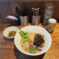 This is the vegan ramen with a side of mustard greens. It was delicious   at Noodle Factory Life in Oita