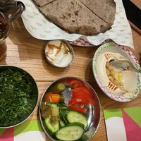 Hummus, Zatar pastry ( you have to specify brown dough in order to make it vegan)   at Zaroob in Dubai