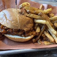 Pulled Bar-V-que sandwich with fries  at Hippy Hen House in Murrells Inlet