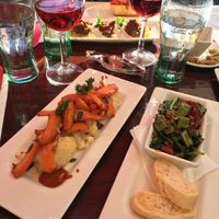 sweet potato and cauliflower bravas, green bean salad with sundried tomatoes and pine nuts  at La Plaza in Malaga