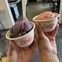 ube spooky cookie and strawberry crumblee  at Stella Jean's Ice Cream in Costa Mesa