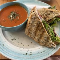 Grilled cheese sandwich with soup  at PURALMA Vegan Bakery in San Jose