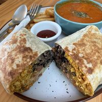 Custom vegan burrito with fries and soup  at PURALMA Vegan Bakery in San Jose