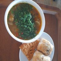 Vegetable soup and spinach samosas at Do'stlar in Tashkent
