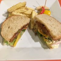 Vegan tempeh sando with fries  at Kick Back Cafe in Tokyo