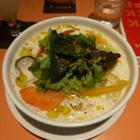 Vegan ramen (soy milk) from the seasonal menu. Slices of potato, carrot, capsicum and eggplant at Kick Back Cafe in Tokyo