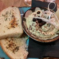 Hummus with garlic bread and capers   at Meze in Reykjavik