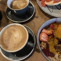 Coffee - flat white and cortardo  at The Cosy Cafe in Hay-on-wye