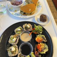 Burger, half orders of Nori and Avocado rolls at Try it Raw in Birmingham