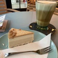 Caramel mousse cake and oat latte   at Green Life Vegan Bakery in Budapest
