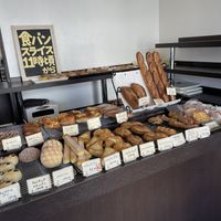 More baked goods, vegan baguettes and loaves pictured on the right, and seasonal pastries (some are vegan) at the back  at Kameshima Bakery in Okinawa