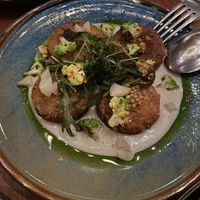 Croquettes: yukon gold potato, caramelized onion, sunchoke puree, roasted broccoli, pickled salsify and mustard seeds, parsley oil  at Twelvemonth in Burlingame