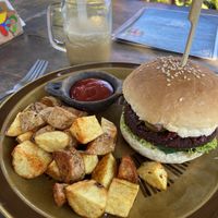 vegan burger with homemade ketchup >>  at Axul Cafe in Concepcion De Ataco