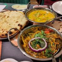 Vegetable methi, butter chicken, peshwari naan at Vegan India - Gloucester Rd in Bristol