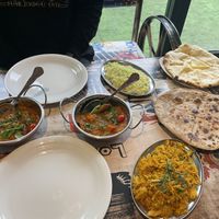 ‘Lamb’ bhuna, mushroom rice, naan bread and paratha   at Vegan India - Gloucester Rd in Bristol