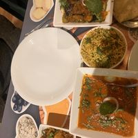 Madras, aubergines, mushroom baji, okra.   at Vegan India - Gloucester Rd in Bristol