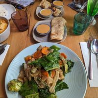 Vegan noodles and roti with peanut sauce at Pok Pok Docklands in Docklands