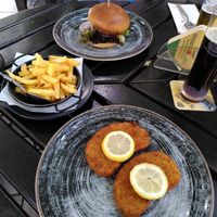 Burger and wiener schnitzel at Brauhaus Zwiebel in Soest