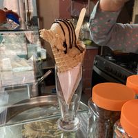 vegan banana icecream with homemade vegan chocolate sauce.  at Rocambolesc Heladería in Pisac