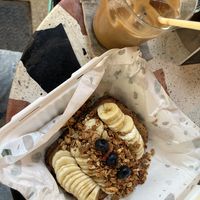 Vanilla latte with oat milk & almond butter toast (make sure to ask for no honey to make vegan)  at Don Bonito Hotel in Sayulita